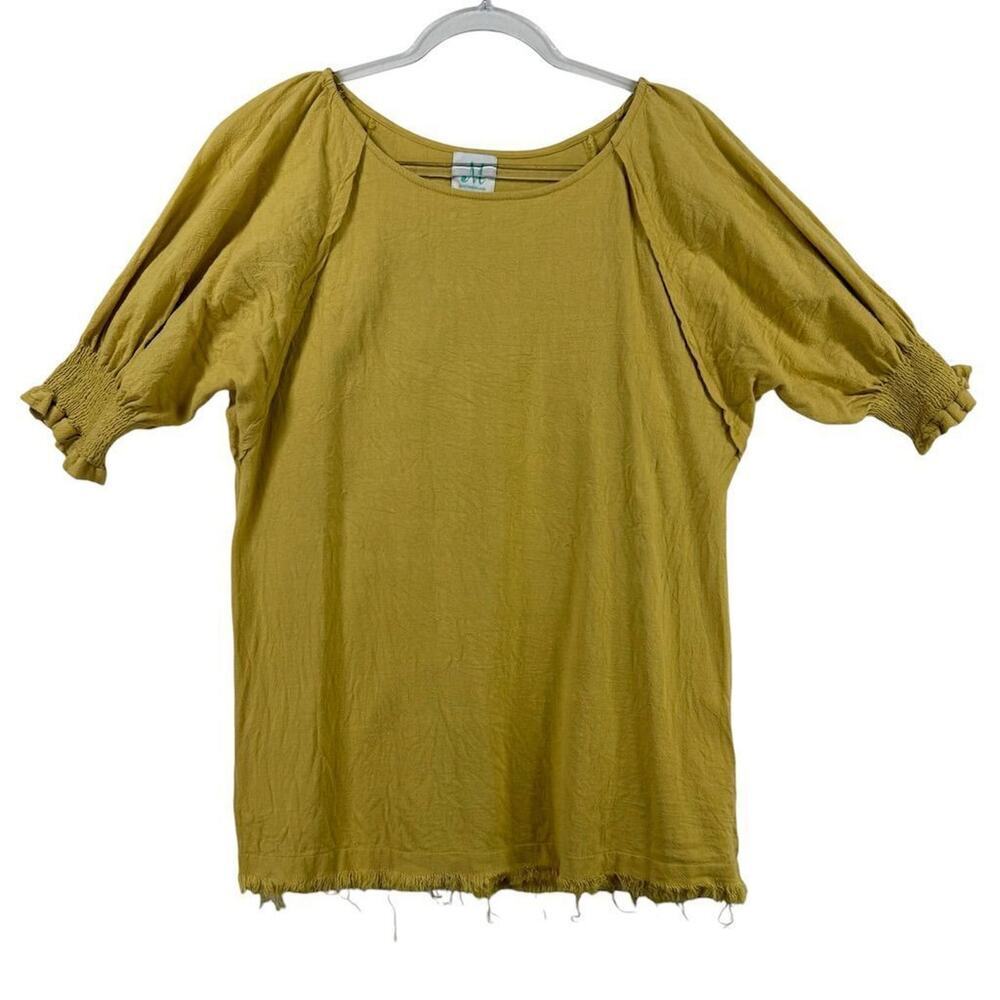 ShopTheMint Women M Yellow Boho Smocked Short Sleeve Linen Blouse Fall Layering